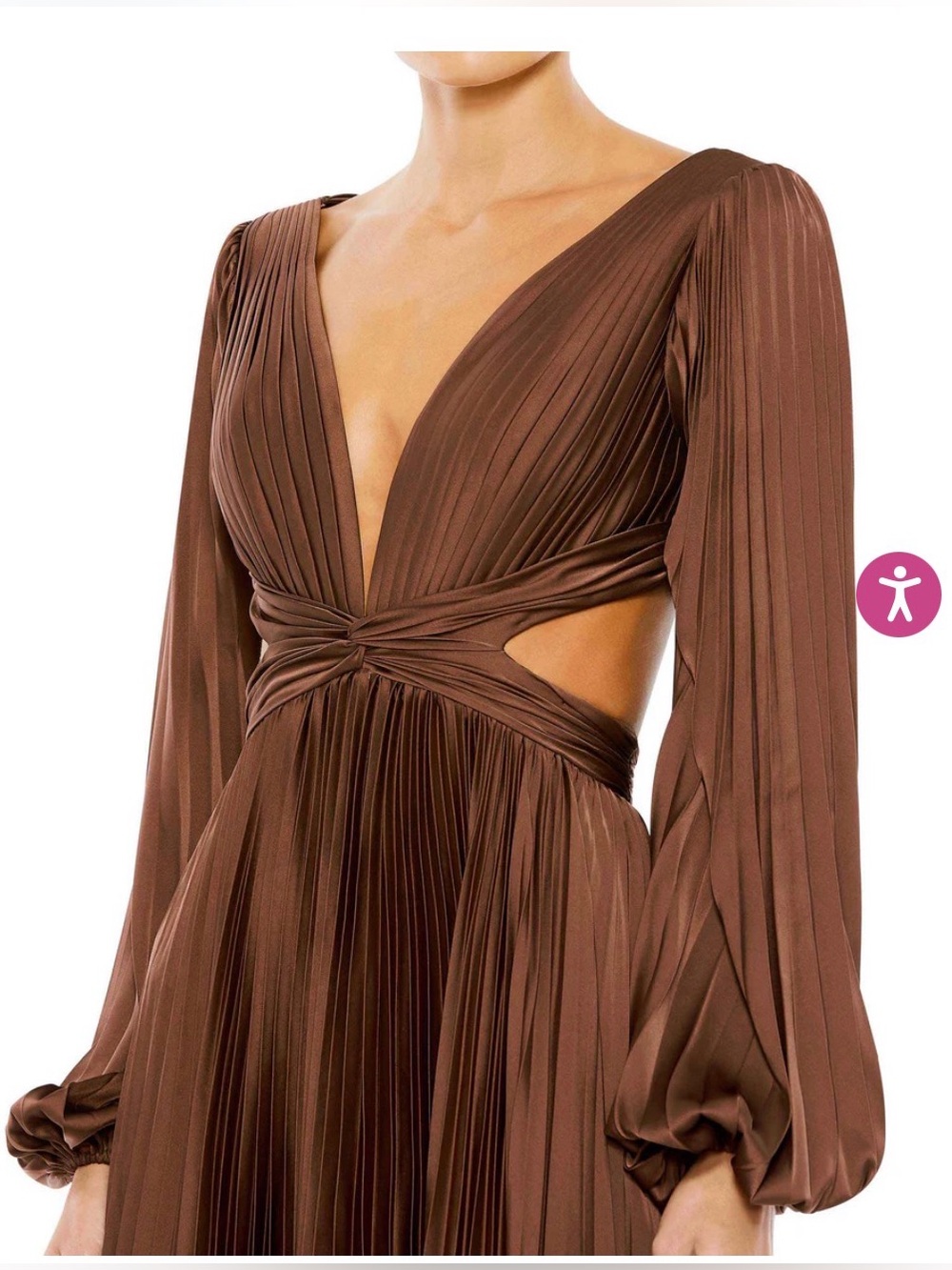 Mac Duggal Brown Pleated Long Sleeve Cutout Gown - Picture 3 of 8